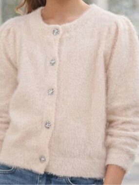 Girls Aqua Fuzzy Knit Cardigan – Off-White / Ivory